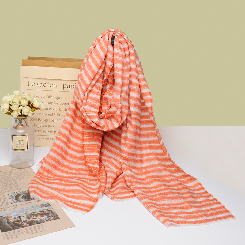 時尚橙色條紋絲羊毛圍巾